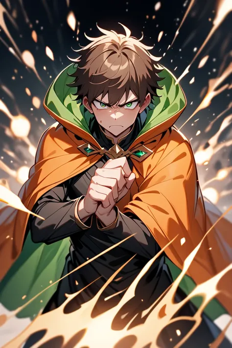 adolescent man with brown hair , water green eyes , who generated explosions of his hands , who has an orange cape and a black uniform and who looks very angry and hurt 