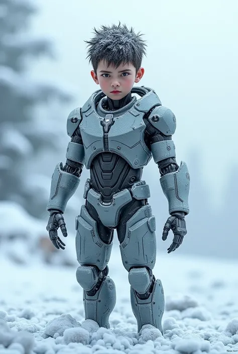 Young boy cyborg muscle frozen in snow 