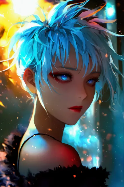 1 anime girl, short spiky light blue hair, glowing light blue eyes, pale skin, dark eye makeup, somber and mysterious, face shot, elegant, theatrical 