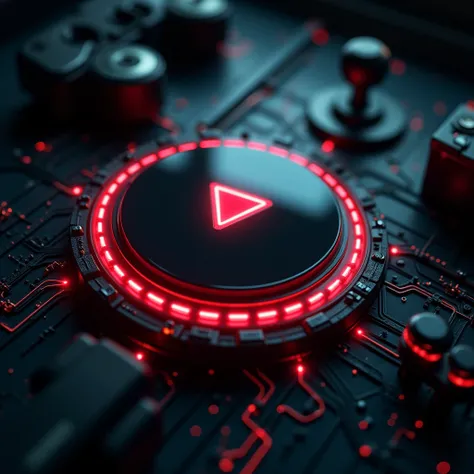 
A play button with cyberpunk aesthetics, with circuits connecting the button to images of a clapperboard, joystick and camera. The border can be decorated with red and black lights.