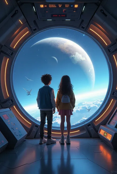 A brother and sister together inside a ship Looking at the other planets The 2 21 years old