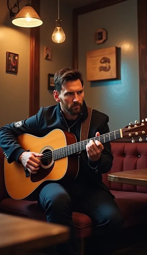  Good morning to all !  Lionel Messi, the soccer star, playing the guitar :  pointing his fingers to the chords with agility and overwhelming grace .

 Imagine the scene . Vous êtes dans un petit Café,  en Train de Siroter quiet Votre Boisson préférée , qu...