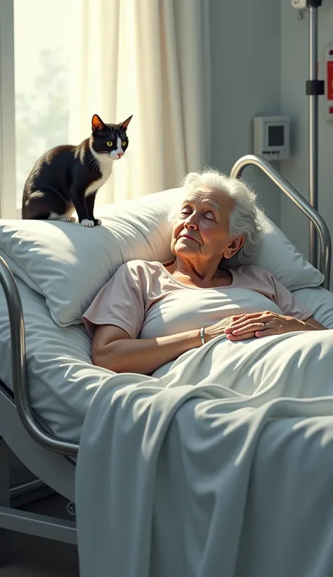 old woman in bed of hospital and cat on the top