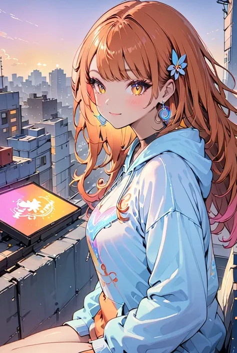 Neon orange hair, yellow eyes, tanned skin, Harajuku hoodie, sitting on rooftopHigh Resolution, Masterpiece, Anatomically Correct, Long Hair, Parted Bangs, Curly Hair, Earrings, Neon orange curly hair, Closed Mouth, Smile, Blue eyes, Yellow Eyes, Out Of Fr...