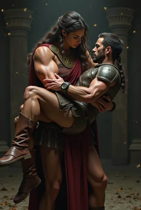 Woman cradle lifts a gladiator in her arms 