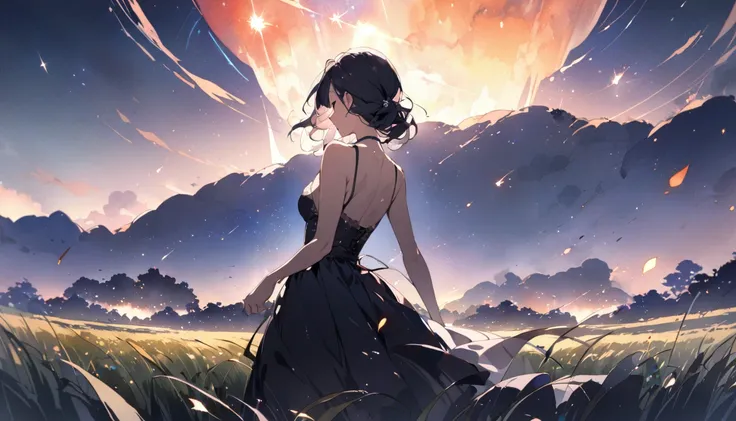 Silhouettes of ren standing on a secluded meadow、Midnight Sky、meteor、Showa Era Scenery、watercolor、Half-body photo、 high res, masterpiece, 最高quality,  Details, 高い Details,  high resモデル, 高quality, quality, Very  Detailsed,  Ultra Fine, 