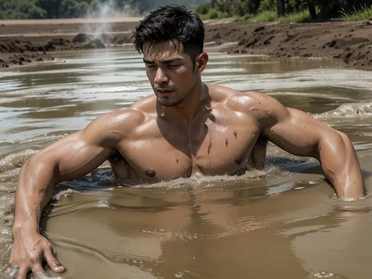 handsome, muscular and dirty shirtless man sinks in a volcanuc mud pit past his shoulders while struggling to escape in the day time
