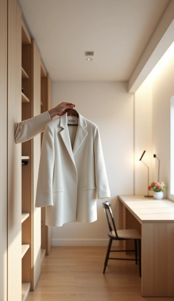 photo of womans hand is holding (((White mohair wool oversized blazer with no buttons on the front))) in the air,  in her roomin in center of spacious modern and minimalistic (((dressing room with white and beige walls))), (((walk-in closet with built-in d...