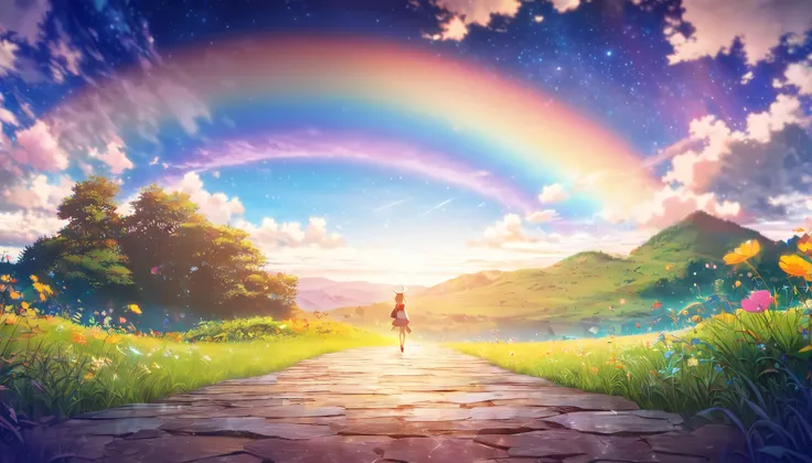   ,  woman walking down a path towards a rainbow sky、Youmei  ,  pixiv contest winning work ,  magical realism,  anime beautiful peaceful scene, colorful  Anime movie background ,  Shinkai Makoto Cyril Roland ,  Anime Scenery Wallpaper ,  Animated Backgroun...