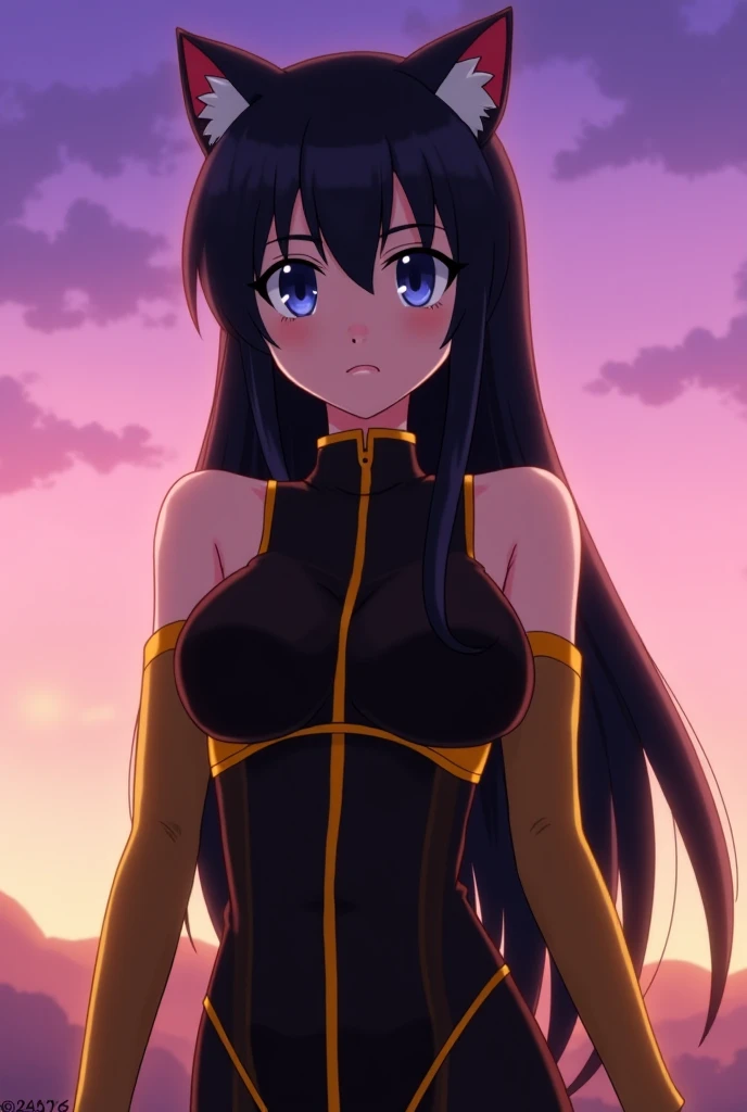 The anime-style character has long black hair, with ears that resemble those of a cat .  She is wearing a tight black and gold outfit .  The background shows a sunset sky with shades of purple and pink.