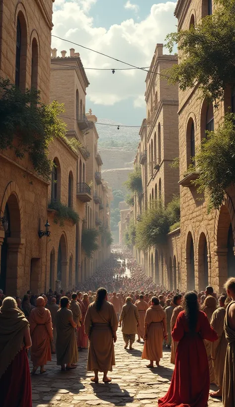 scene of a bustling and chaotic biblical city . people fighting in the streets,  with scenes of drunk people falling on the sidewalk, Women prostituting themselves.  Stone and wood houses ,  with details that refer to ancient Middle Eastern architecture.  ...