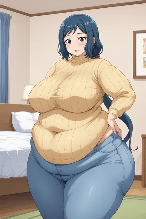  Iori Rinko, Rinko Iori, long hair,紺色の髪, low ponytail, Purple scrunchie,  green eyes, yellow sweater, long sleeve sweater, Navy blue jeans ,Obese middle-aged woman, troubled expression, embarrassing expression ,milf,A woman with body odor ,A woman with sme...