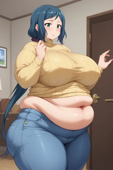  Iori Rinko, Rinko Iori, long hair,紺色の髪, low ponytail, Purple scrunchie,  green eyes, yellow sweater, Navy blue jeans ,Obese middle-aged woman, troubled expression, embarrassing expression ,milf, chubby,(bedroom), belly fat sticking out of clothes,Sloppy b...