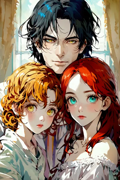  He creates a realistic anime family where the whole family has super white skin , But the dad has long black hair with yellow eyes , The mother has super long reddish and curly hair with green eyes and the daughter has blue eyes with long brown hair 