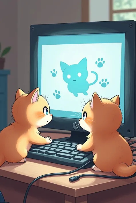 Anime-style kittens using the computer and having them stream paused on the screen