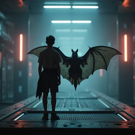  generates a photograph of a bat and a 24-year-old boy standing on a high-tech platform and in the background a futuristic laboratory with metallic tones and lights , I want a high-quality visual style of photography 