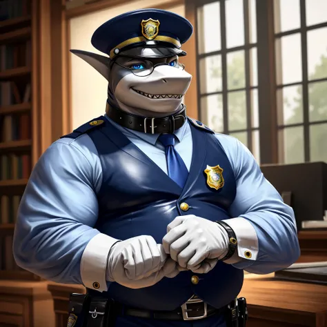 Solo, Male, close up, fat, extremely obese, gentleman, dapper Shark, blue eyes, (soft shading), 4k, hi res, ((detailed face, detailed)), looking at viewer, evil grin, police station, collared shirt with buttons, hat, male focus, Police Uniform, glasses, mo...