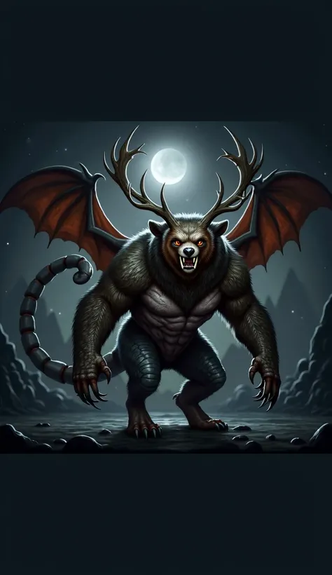 A mysterious creature with the graceful wings of a bat, a deadly scorpion tail, the alert eyes of an owl, razor-sharp wolf fangs, scaly reptilian skin, stag antlers, strong, clawed bear arms, and sturdy goat hooves