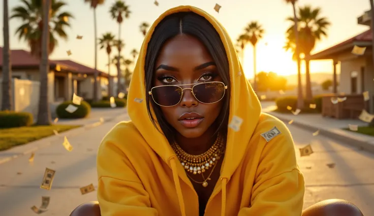 (1woman) a beautiful african american woman, full body view, wearing all yellow (hoodie), wearing gold jewelry, short bob hair style, reflective sunglasses, money falling all around, sitting on side walk, sunset, california beachy scene, HDR, 8k, ultra-det...