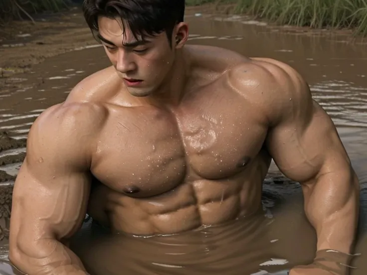 handsome, muscular and dirty shirtless man only wearing an open buttoned shirt,ecposung the entire pecs and abs, sinks in a thick mud pit in the middle of nowhere past his shoulders, highlights on the body to define the muscles