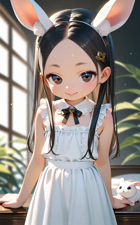 masterpiece,best quality,ultra-detailed,super detailed skin,perfect anatomy,detailed,beautiful detailed eyes,long hair,forehead,straight hair,hair black hair,eyes black eyes,(loli:1.2),petite,flat chests,naughty face,
Anthropomorphic rabbit,