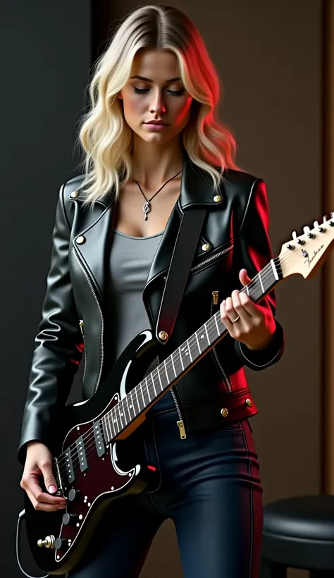 *" Create an ultra-realistic ,  8K cinematographic image by Lisa Virtea ,  a self-confident blonde woman in her mid-20s ,  playing guitar in a high-end recording studio . } She is wearing a slim black leather jacket and tight jeans ,  shows her trained sta...