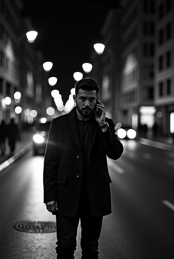 there is a man walking down the street talking on a cell phone, a picture by Alexis Grimou, tumblr, conceptual art, on a street at night, in a street, in the street, still from a music video, in city street at night, late night melancholic photo, watching ...