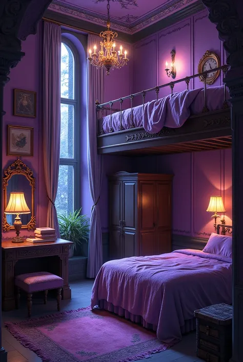 Photo dune chambre à coucher avec un bureau, un lit double en mezzanine, une coiffeuse, et un dressing inspirés des décors des films Harry Potter, dans les tons violets.