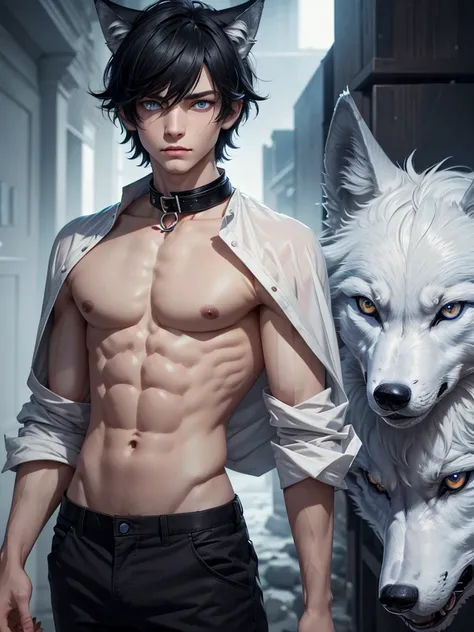 (best quality), 1boy, male, pale skin, black hair, short hair, tousled hair, messy bangs, bangs over eyes, blue eyes, perfect eyes, dark circles under eyes, (wolf ears), (wolf tail), collar, wolfboy, skinny body, masterpiece, anatomically correct, highres
