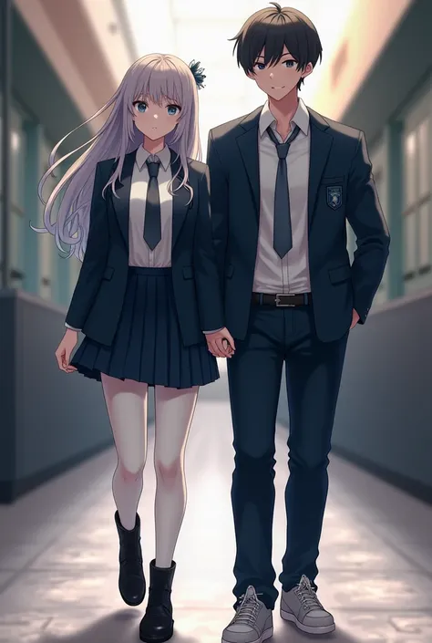  A couple of a female girl wearing a dark blue jacket uniform with a white collar shirt and gray tie and dark blue skirt with a black belt fastened on the skirt, wearing white tights and black boots while his male friend in uniform but only the shirt with ...