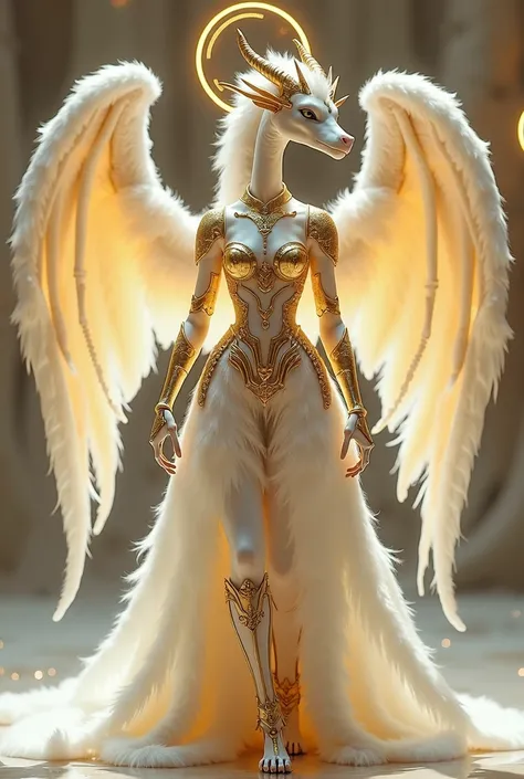  An elegant dragon-shaped mythological creature with a slender body in luminous white.  Has two huge angel-like wings , decorated with fine and shining fur detail .  This creature is dressed in majestic and luminous gold armor ,  with a golden halo crown h...