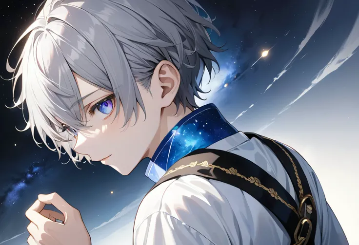 fresh illustration ,
Superfine painting,
very delicate illustration ,
Very fine details ,
Picture of only one boy ,
Height: 158cm,
white skin,
Iris heterochromia where the right eye is purple and the left eye is blue,
beautiful eyes,
large black pupi...