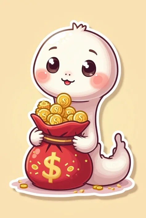 Cute cartoon japanese kawaii White snake, Sticker style,  big red bag and hanve money and gold in red bag