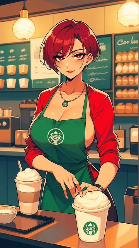 25-year-old anime girl with red eyes red short hair bob haircut big barista shaped breasts with a big full-length neckline