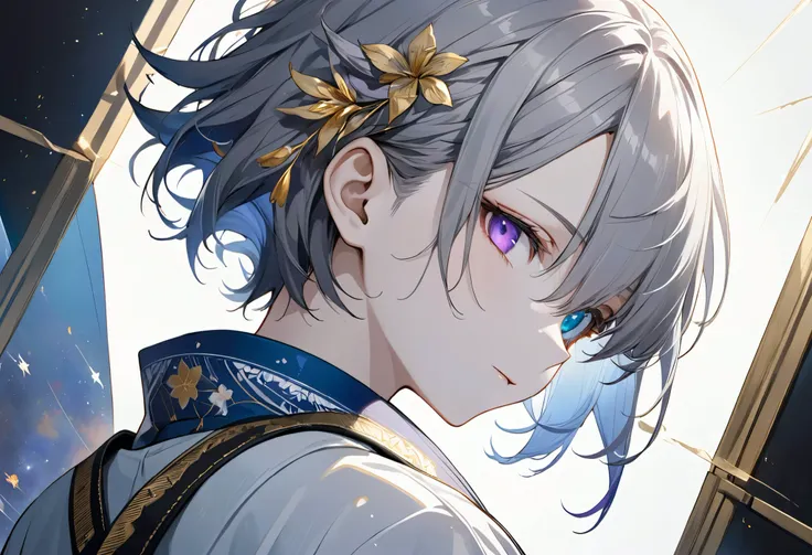  fresh illustration ,
Superfine painting,
 very delicate illustration ,
 Very fine details ,
Picture of only one boy ,
Height: 158cm,
 white skin,
 the right eye is purple and the left eye is blue heterochromia ,
 beautiful eyes,
 large black pupils ,
 sho...