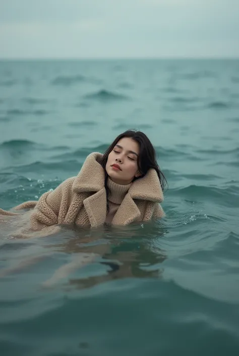 Woman relaxing swimmnig into sea, coat, sweater