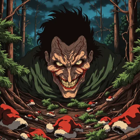 surreal horror, madness shining in eyes , crazy glare and smile  anime style, directed by Junji Ito, high contrast, vivid colors, eerie atmosphere, psychological tension, intricate line work, surrounded by burned new year trees and Santas hats 