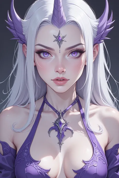 A girl with a unicorn horn, fair skin, long white hair, lilac eyes, dressed in thin purple silk clothes with silver patterns.