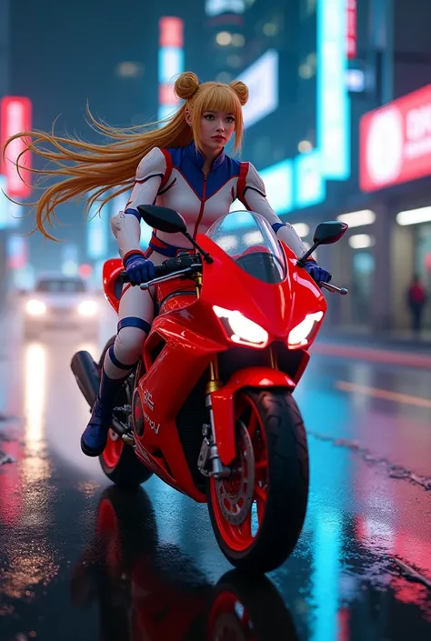 An iconic scene reimagined, inspired by Akiras red motorbike moment. This time, a magical character similar to Sailor Moon is riding a futuristic red motorcycle, with elegant and shiny features. She wears a magical warrior outfit with a uniform in white, b...