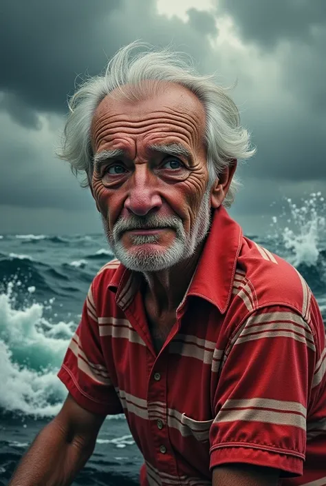 An old man wearing a red and white striped shirt that says “We are a million dont want to drive a ship in a stormy weather 