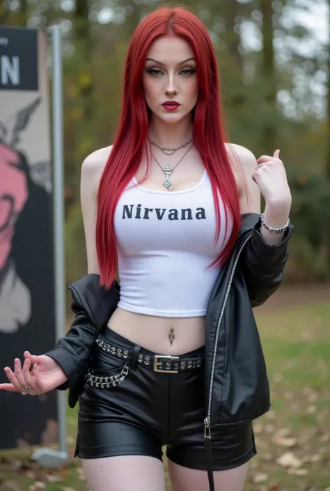 young woman, round face, dark red lips, long straight ruby red hair,pale skin, emerald green eyes, blushing cheeks she wears a white top with the word "Nirvana" written on it, silver layered necklaces, visible tattoos, Leather shorts adorned with studded b...