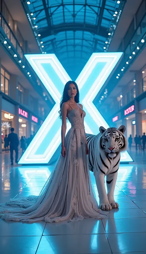 On a dazzling stage lit with soft blue lights and white spotlights, the iconic X Factor stage is set in the middle of a grand shopping center. A stunning 25-year-old woman stands confidently at the center of the stage, her eyes locked directly on the camer...