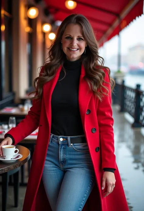 Create a realistic full-length photograph of a European curvy woman of Russian origin, brunette, 45 years old, with long wavy hair moving in the air, made up, dressed in sky blue jeans and with black leather boots, a long coat for the cold, snow and rain t...