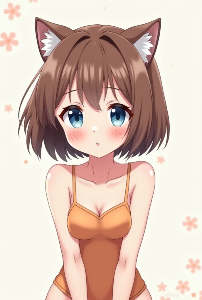 A cute anime girl with brown bob hair and blue eyes and cat ears and an  embarrassed face in a 1 piece swim suit 