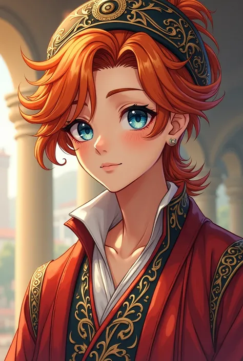  an anime-style boy , who is 18 years old, Shoulder-length orange hair ,  dark blue eyes ,  freckles and that you are dressed like in the Ottoman Empire