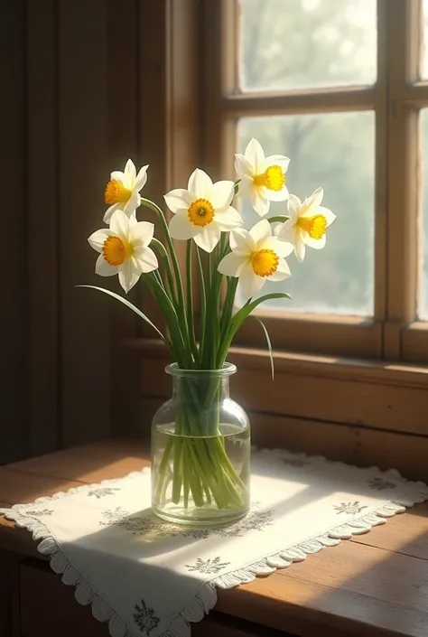 a bouquet of white daffodils standing in a vase on a napkin embroidered near the window of a wooden old man and a falling shadow from the sun