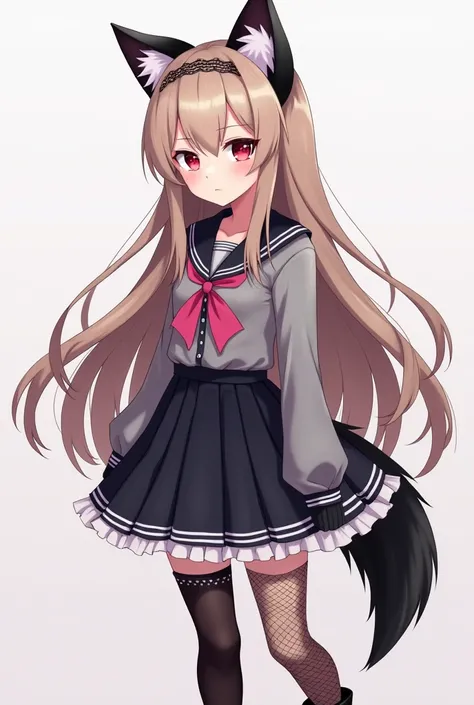 Create a mature anime girl ,  a girl with a unique and detailed aesthetic that combines elegance with dark and animalistic elements , Her long hair,  in light brown tones with pink sparkles ,  falls softly on her shoulders ,  adorned with a pink ribbon and...