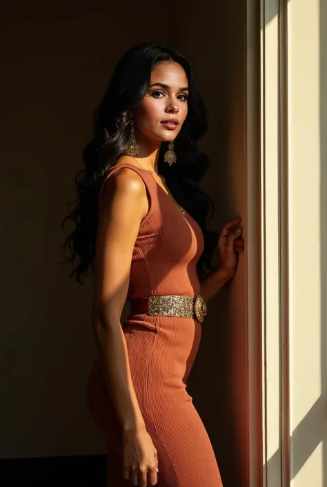 A Latina woman with medium brown skin, approximately 30 years old, is leaning slightly against a doorway in an elegant pose. She has long, wavy, black hair cascading over her shoulders and is wearing a fitted, ribbed knit midi dress in a reddish-brown shad...