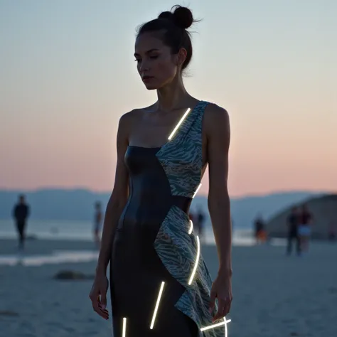  Create visualization of unique clothing design for 2025 .  Draw a womans dress with an adaptable ,  patterns into your design using smart fabrics in Future Dusk , with elements,  shades inspired by natural shapes - for example , waves or leaves . Show me,...