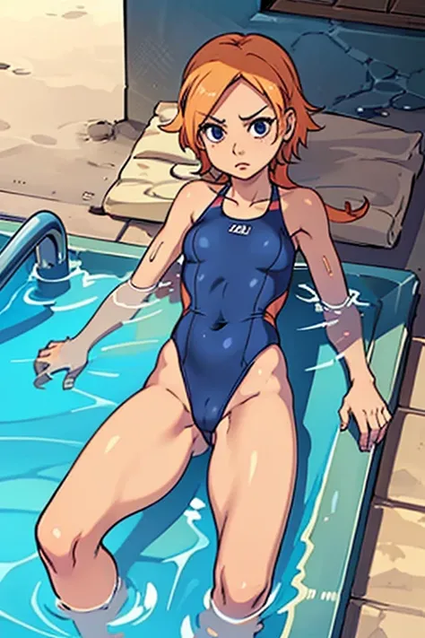 sahara,  extreme one-piece swimsuit ,  thin body small breasts,  in a pool, Open leg pose and lying down , Let the whole body come out 